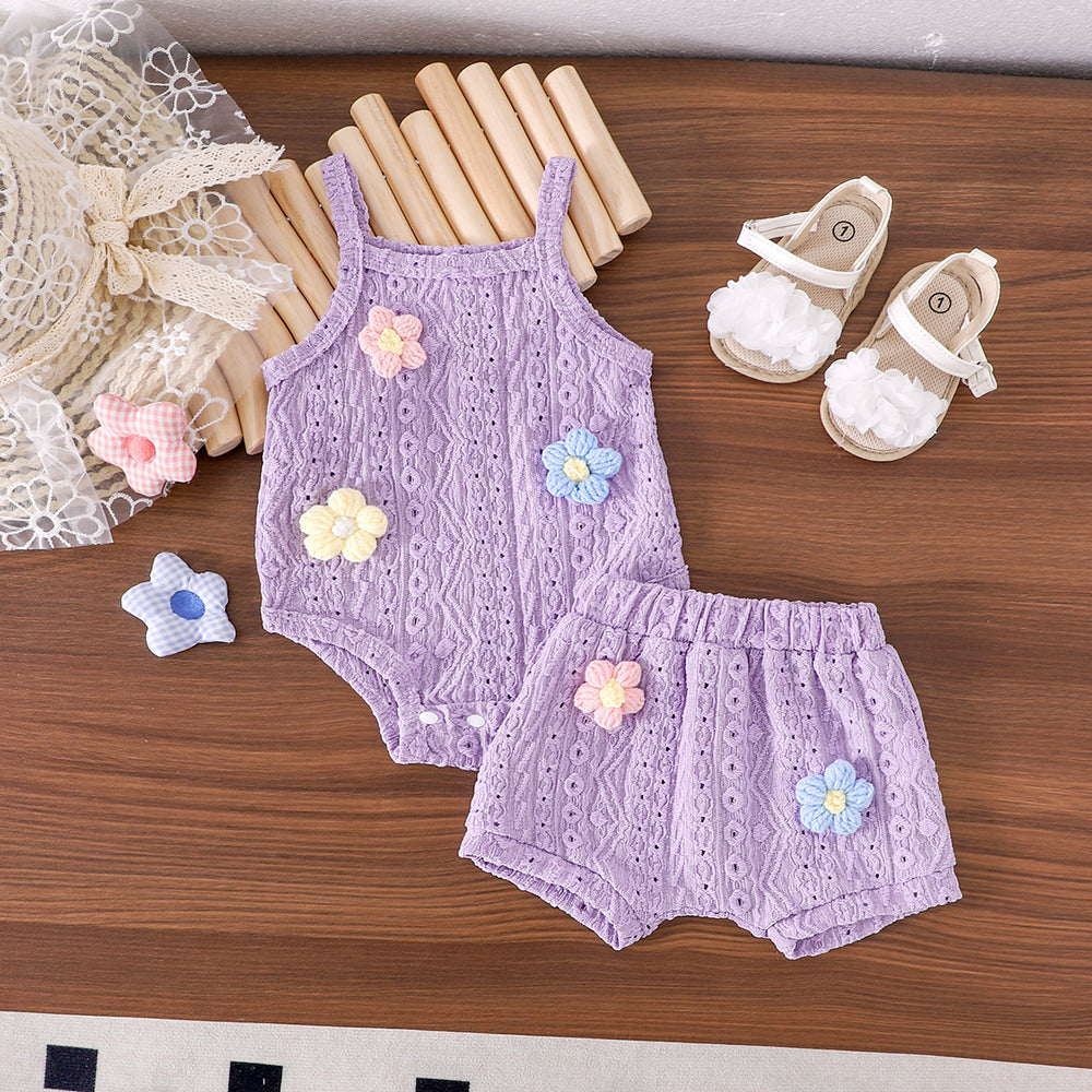 Children's clothing  fashion children's clothing cross-border stereo flower purple suspender top + shorts