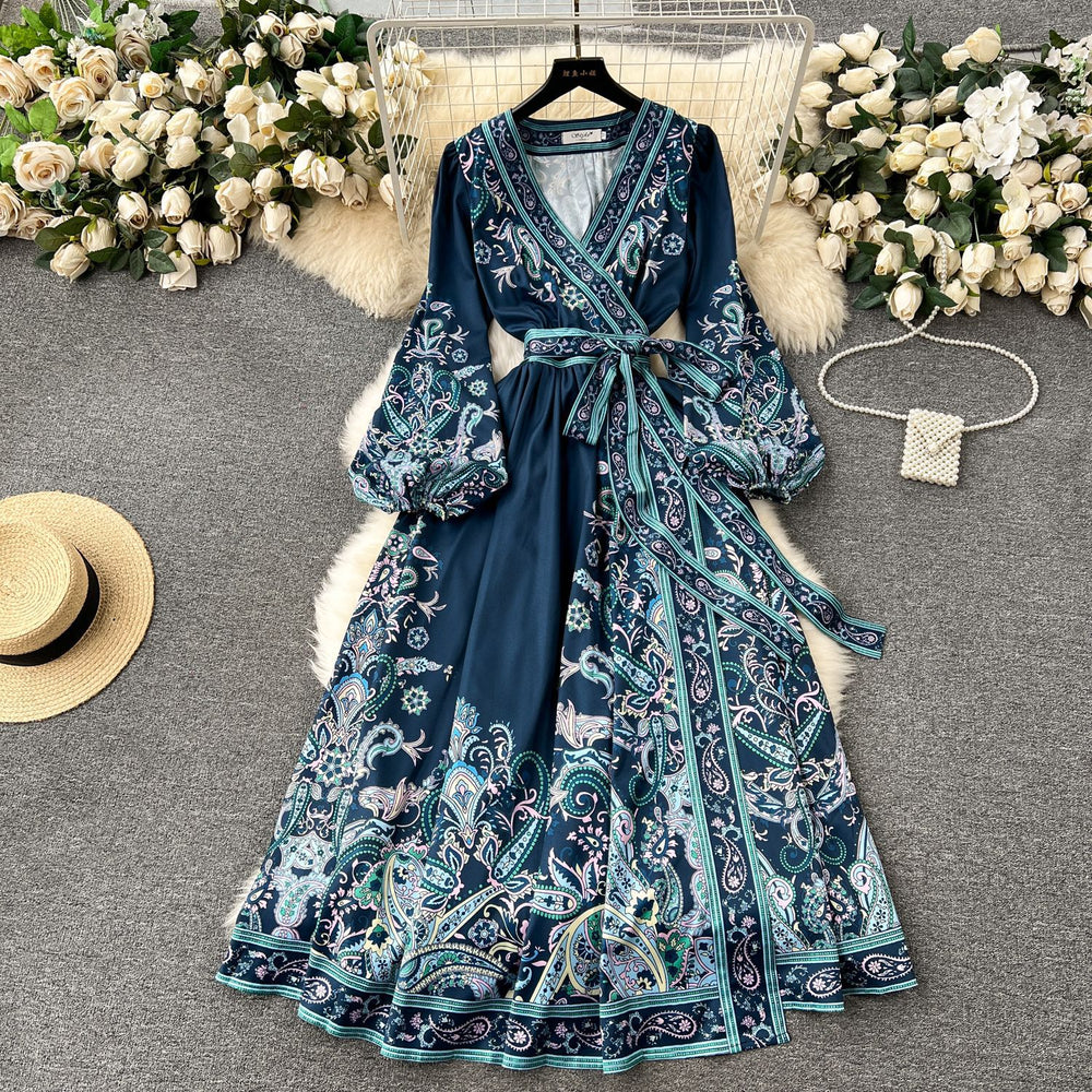 2024 early spring new french chic one-piece tie-waist printed dress - women's luxury elegant maxi dress