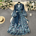 2024 early spring new french chic one-piece tie-waist printed dress - women's luxury elegant maxi dress