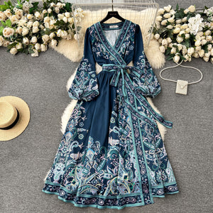2024 early spring new french chic one-piece tie-waist printed dress - women's luxury elegant maxi dress