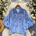 French chic court style blouse - women's fashionable, heavily embellished, rhinestone-studded, cutout embroidery, lantern sleeve top - versatile shirt
