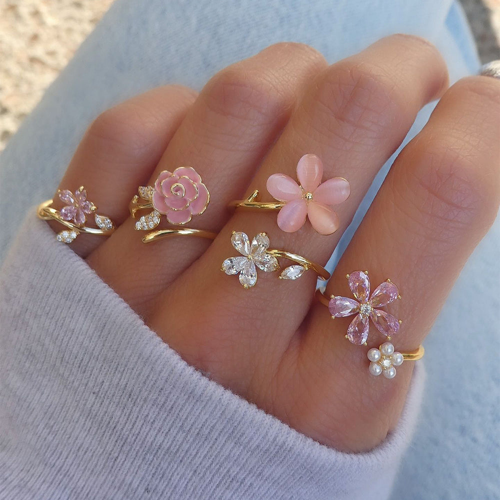 ins pink flower ring set for women, fashionable niche fairy style, sweet and light luxury diamond-encrusted hand jewelry
