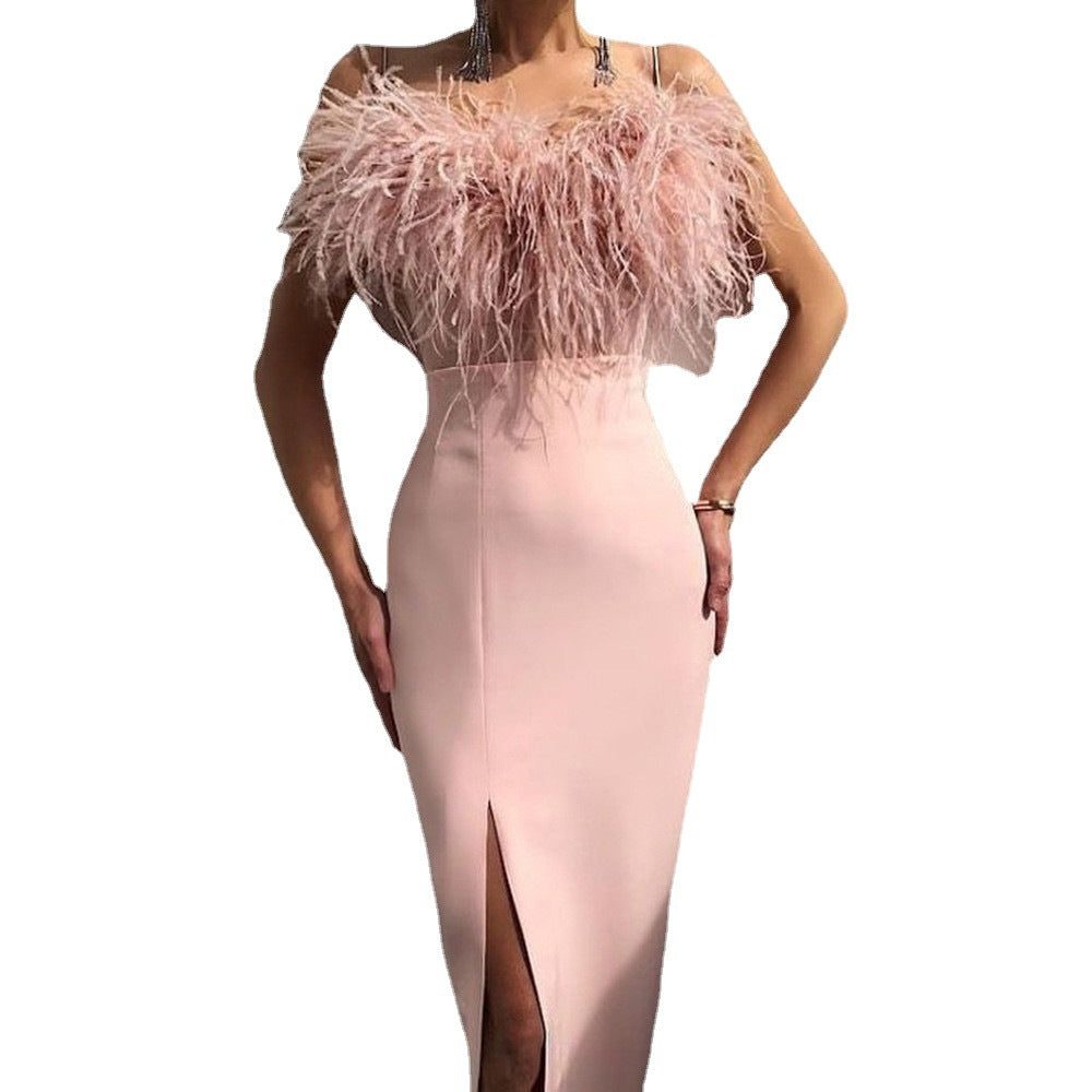 cross-border new spring/summer european and american style women's camisole feather dress - banquet, slim-fit, elegant, figure-flattering, sleeveless evening gown
