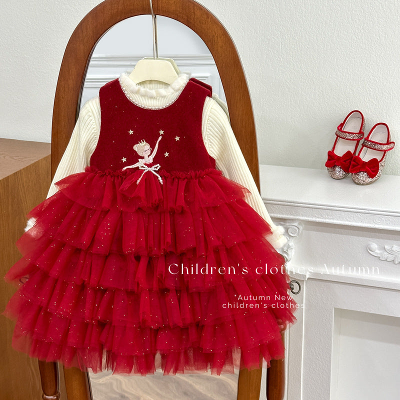Girls' fleece-lined dress  - stylish red little girl's dance princess tutu dress