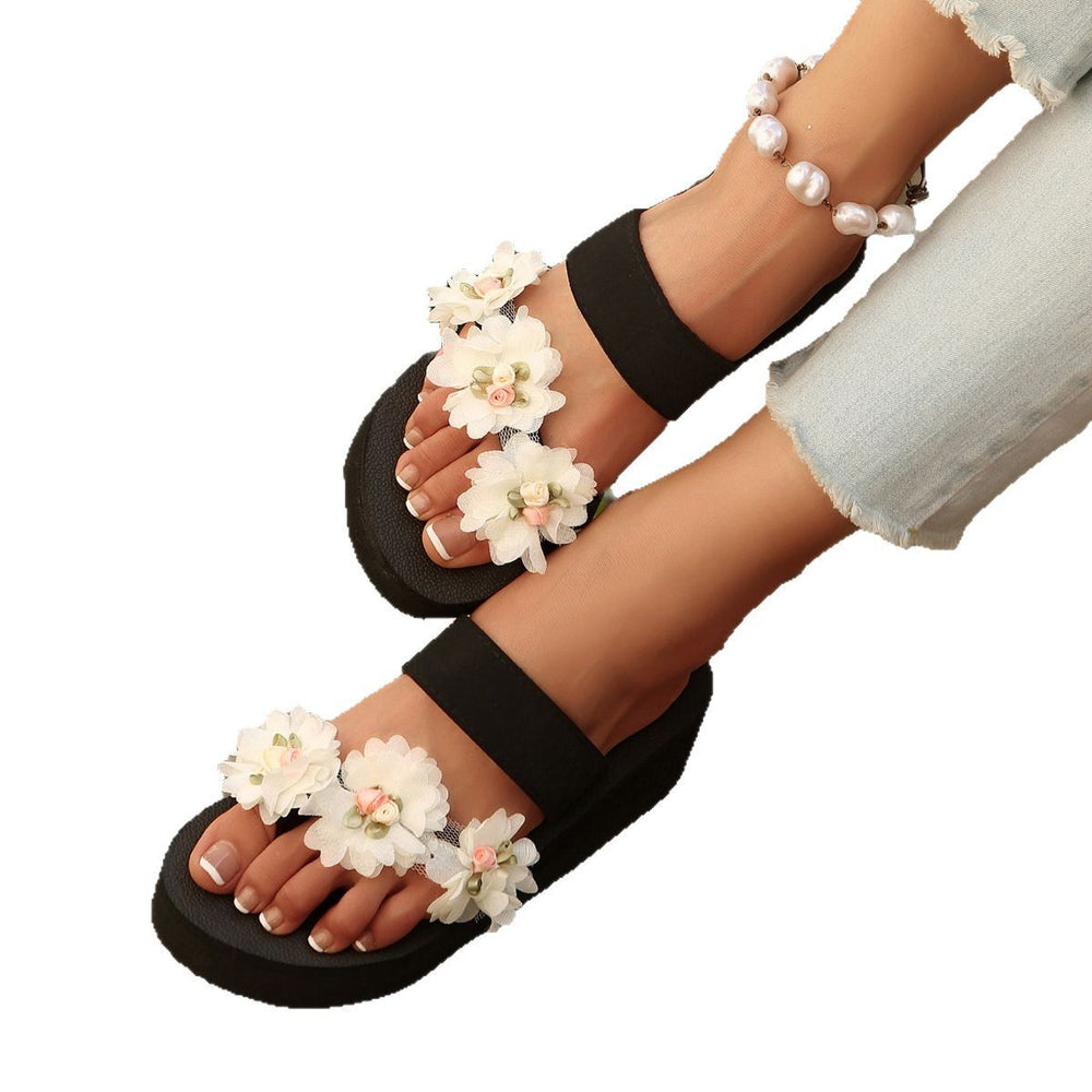 plus size beach slippers for women summer outwearthick sole high-heeled cool women's k-style seaside flower wedge toe slippers