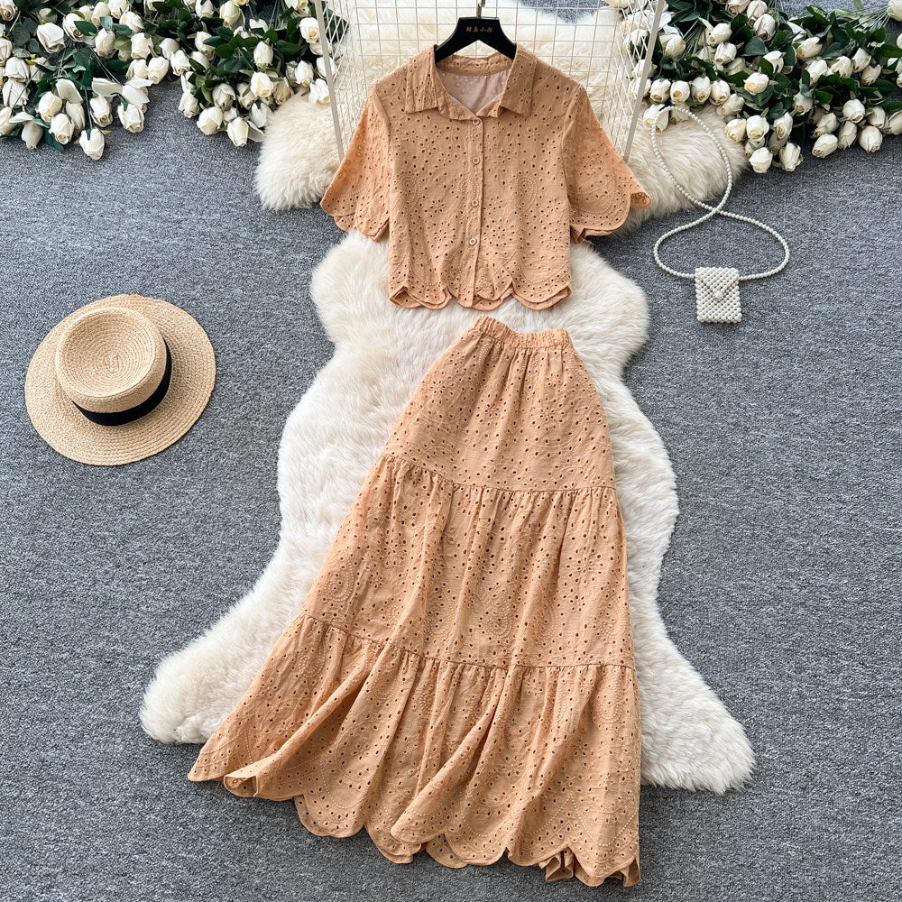 Vacation style pink cut outlacetwo-piece set women's summer short-sleeved intellectual high waistslimming lookwork clothingelegantsuit