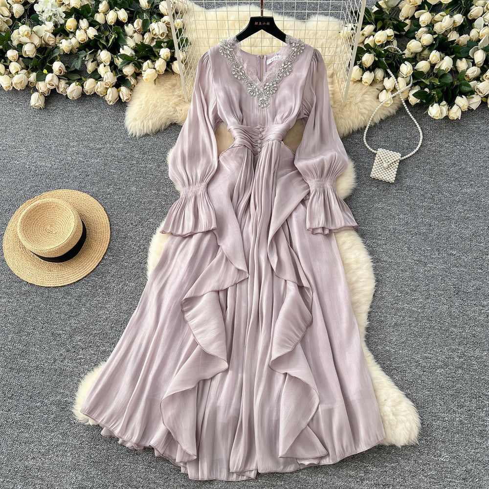Frenchclassyelegancedress women's fashion heavy industry embroidered beads and diamonds v neck waist elegant palace style long skirt