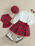fashionpreppy style girlsuitbubble long sleeves round neck bowsplaid skirt scarf beretsuit