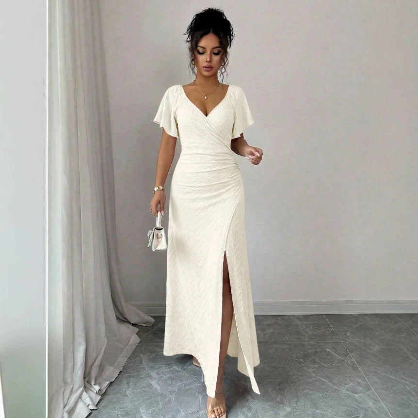 summer new arrival:  tume european and american v-neck drawstring tie sexy short-sleeve solid color dress