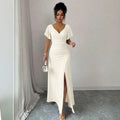 summer new arrival:  tume european and american v-neck drawstring tie sexy short-sleeve solid color dress