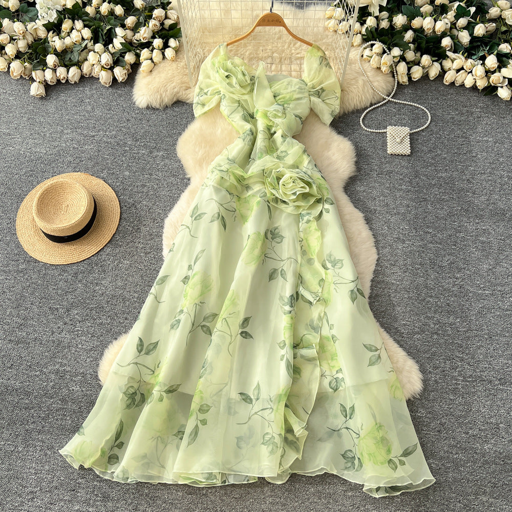 French chic high-end 3d floral ruched waist ruffle mesh dress - elegant women's evening gown maxi dress