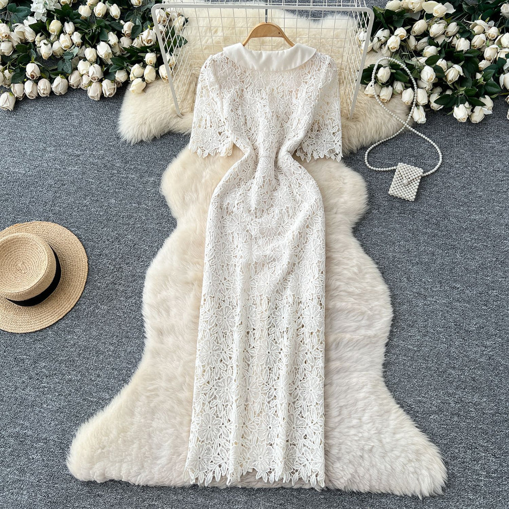 Frenchretro style short-sleeved dress women's summer mesh cut out single-breasted silm chic royal sister elegant long skirt