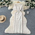 Frenchretro style short-sleeved dress women's summer mesh cut out single-breasted silm chic royal sister elegant long skirt