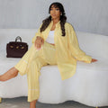 European and american cross-border women's clothing  spring/summer new arrival: casual loose-fit yellow striped shirt and pants two-piece set with turn-down collar