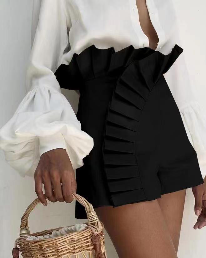 fashion new european and american style women's solid color pleated lace design high waist casual shorts