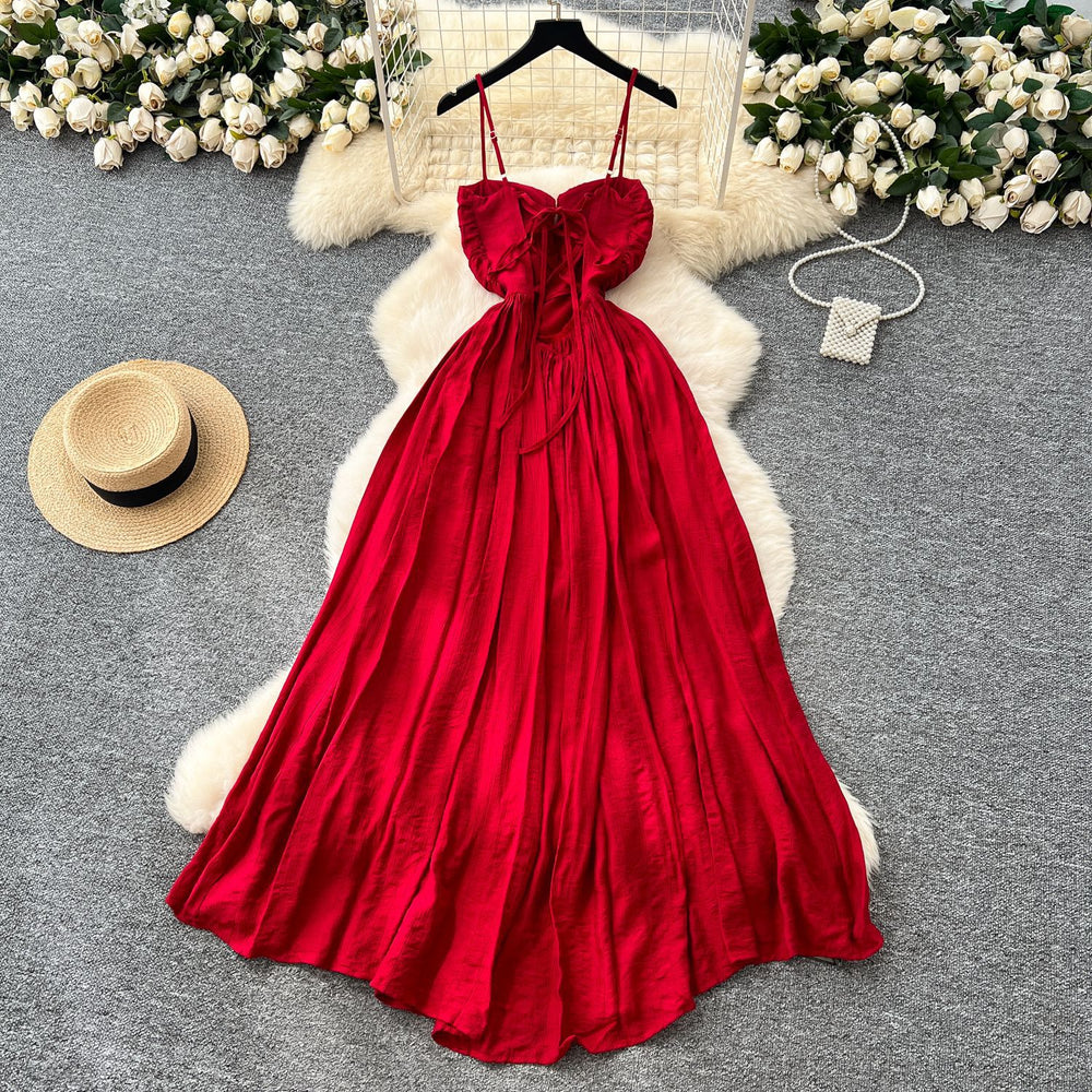 Accessible luxuryfashion suspender dress for women summer sexy backless strap pleated sense of design hot girl long skirt dress