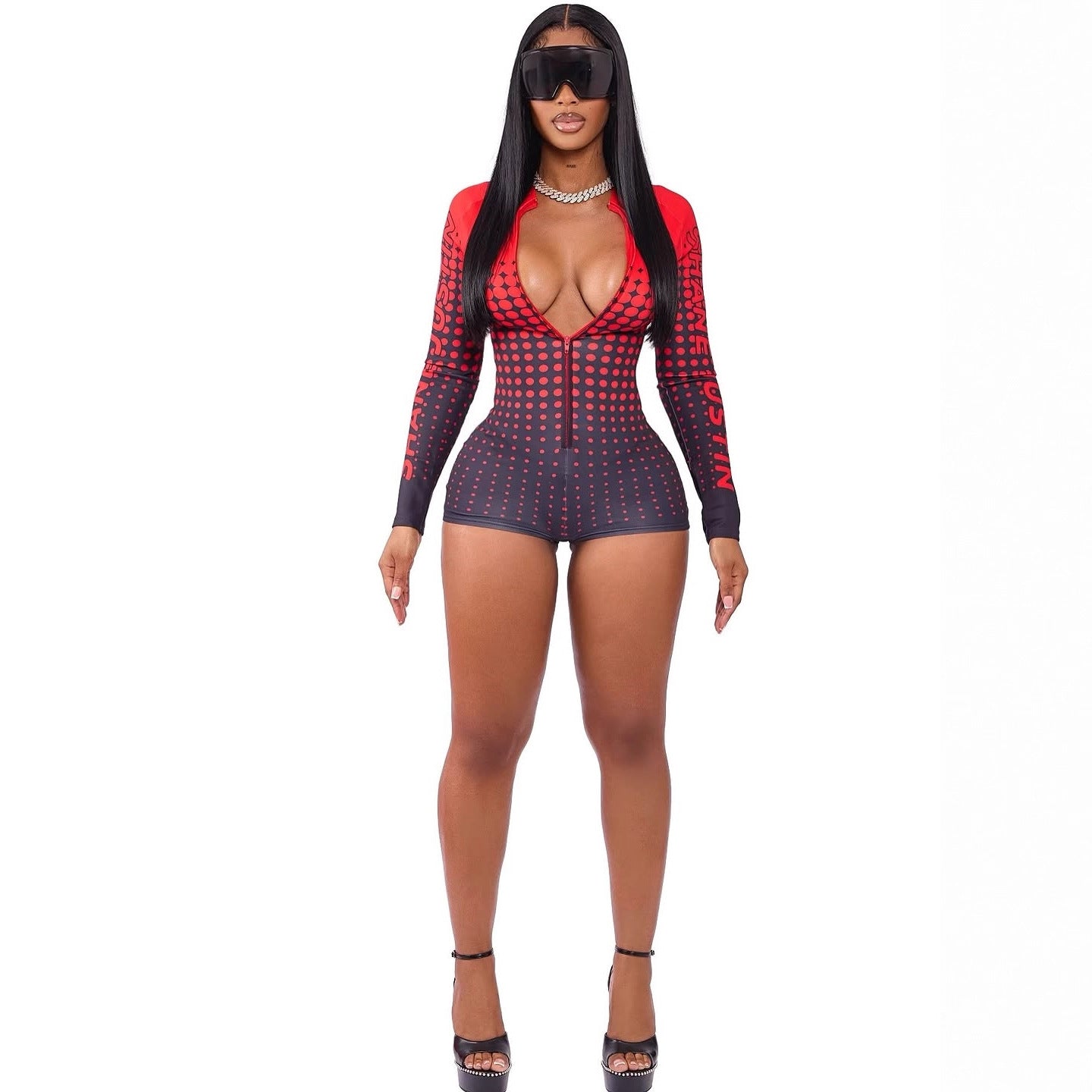 Early autumn new European and American  popular fashion versatile spot printing sexy zipper cardigan long-sleeved jumpsuit women