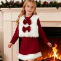 Girls' christmas outfit: white fleece vest with bow detail and matching red maxi skirt