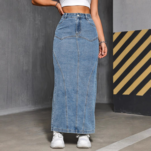 retro split-ended denim skirt women's 2025 summer European and American style high-waisted and thin fishtail skirt