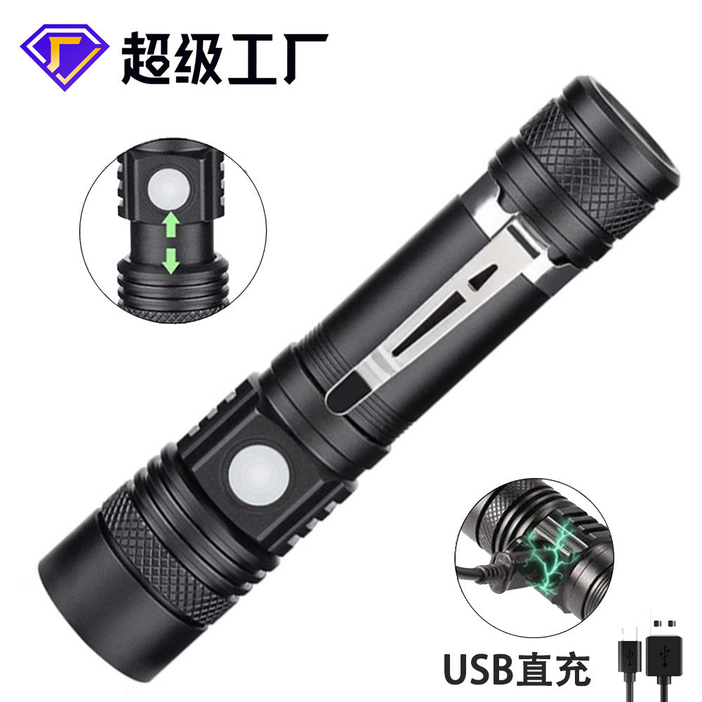 Factory direct sales mini USB strong light flashlight,  hot-selling T6 flashlight pen clip portable flashlight
