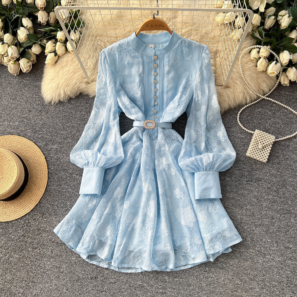 French style court lantern sleeve embroidered dress - women's spring/summer cinched waist cutout single-breasted a-line dress - elegant