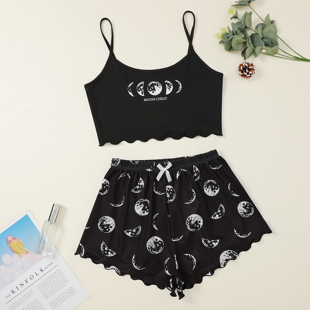 New moon child eclipse letter print cami and shorts two-piece women's loungewear set
