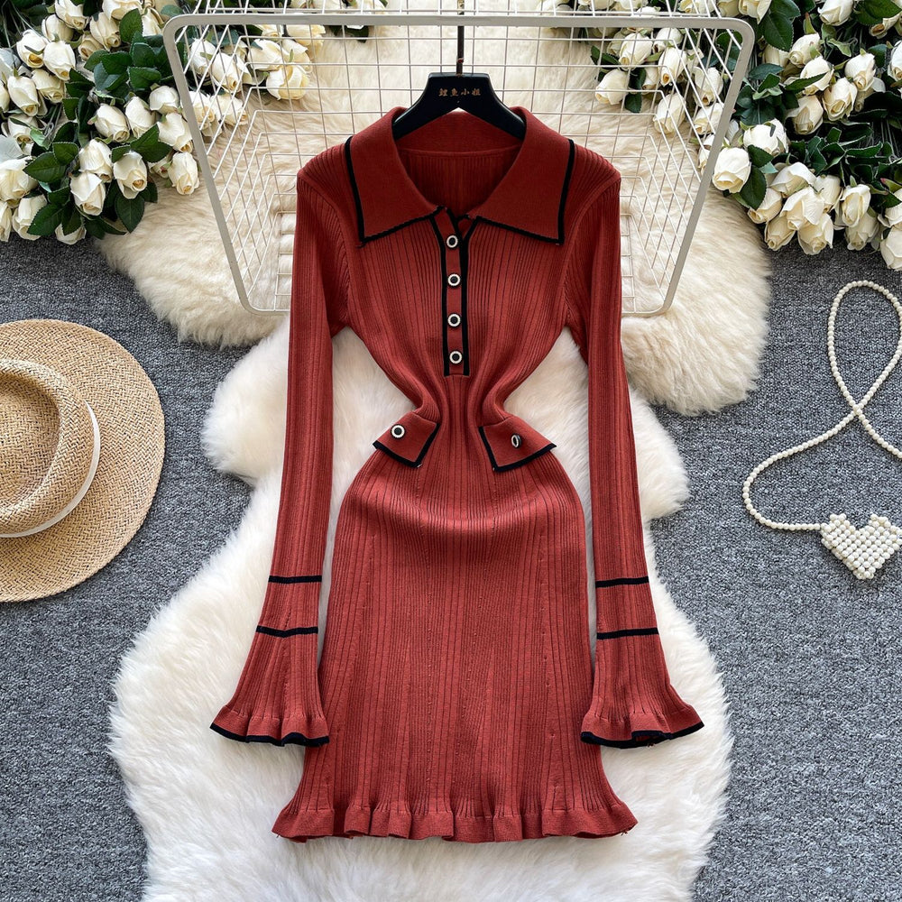 French dress women's fall and winter  new arrival tweed styleclassy fashion contrast color lapel waist knitting skirt