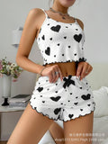 New european and american ribbed knit heart print cami and shorts set - sweet, casual, and perfect for loungewear or light outings
