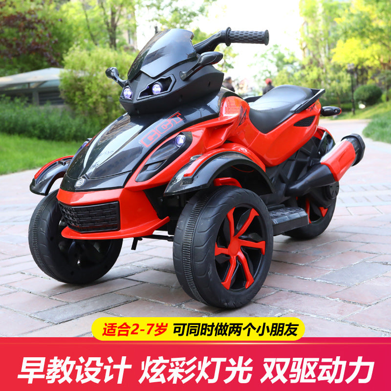 Four-wheeled shock absorption children's electric three-wheeled motorcycle, dual-drive dual-electric LED lighting, early education electric three-wheeled motorcycle
