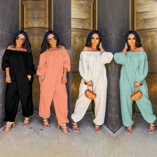 OL6017 Cross-border women's clothing eBay  Europe and America, one-word shoulder solid color loose casual jumpsuit