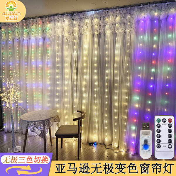 LED stepless color-changing curtain light Christmas window arrangement USB remote control 3 * 3 leather cable curtain light string