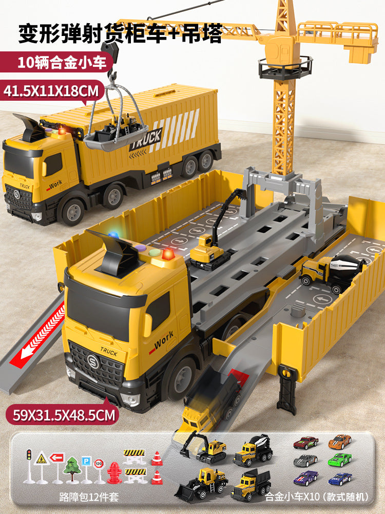 Drop shipping crane deformation engineering vehicle pull back inertia container truck parking lot toy rail car toy kids toy