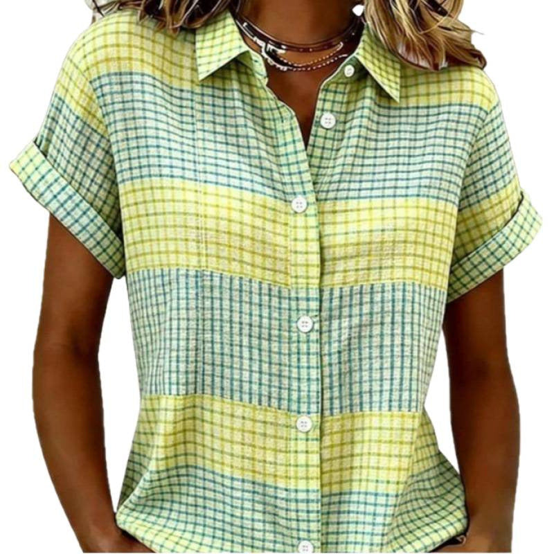 Amazon plaid shirt collar short sleeve shirt women's  summer new casual slim fit everyday top