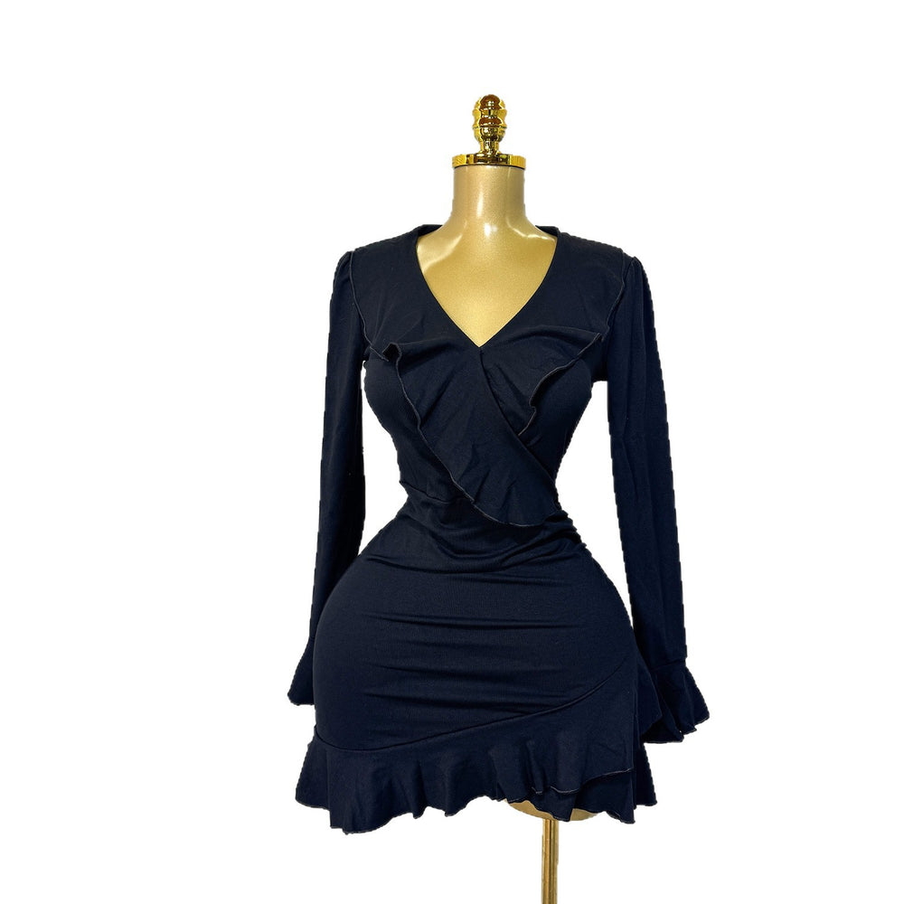 Exportspring & fallnew arrivalrufflesv neck silmlong sleevesdresssexy silm hip-covering waist short skirt dress