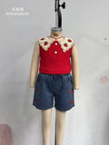 hot selling girls' cute strawberry solid color top with embroidered denim shorts two-piece set