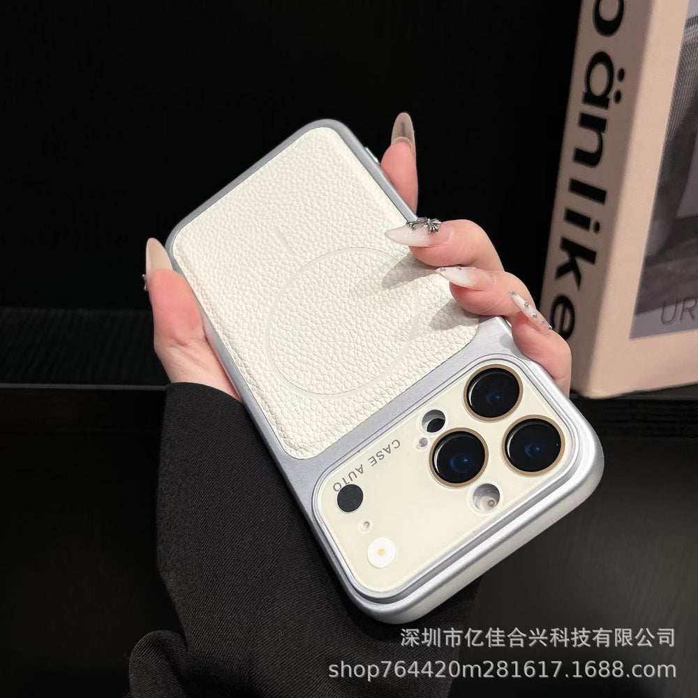 Crystal lens lychee grain magnetic apple 17 pro max phone case - cross-border iphone 11 drop-proof full coverage