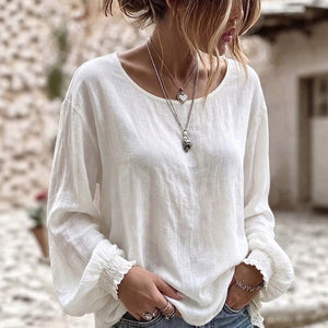 European and american cross-border exclusive: minimalist solid color plus size top - round neck, textured fabric, relaxed fit women's blouse