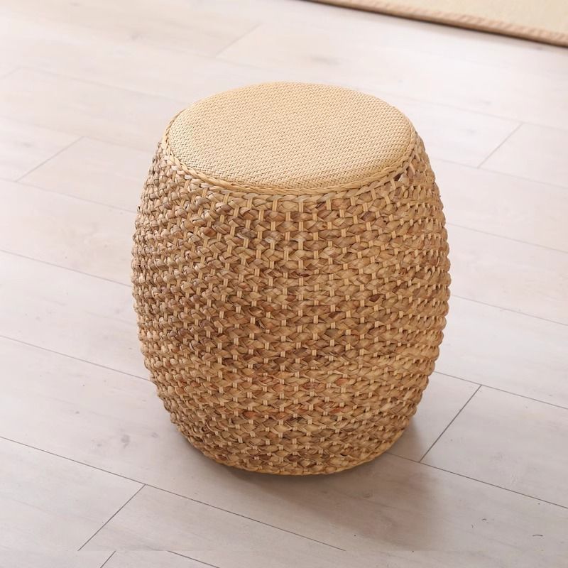 Rattan chinoiserie solid wood straw makeup low drum stool for home living room coffee table shoe changing stool guzheng piano board tall round stool