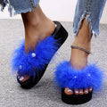 Summernew arrivalplatform shoes bottom real hair feather slippers k-stylethick soleflats flip flops wedge heel women's sandals wholesale