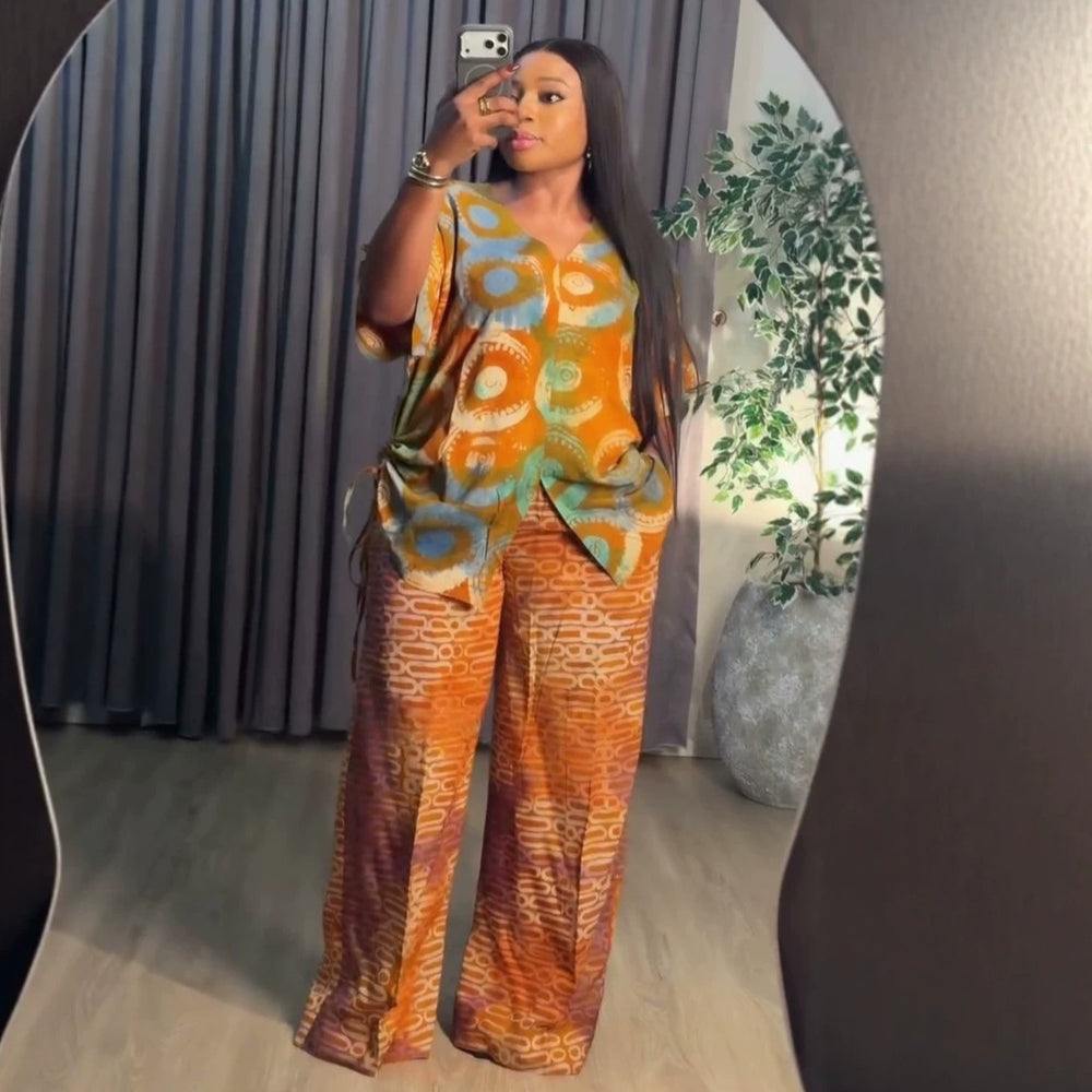 african women's clothing  summer new arrival: elegant v-neck drawstring loose plus size printed top and pants set