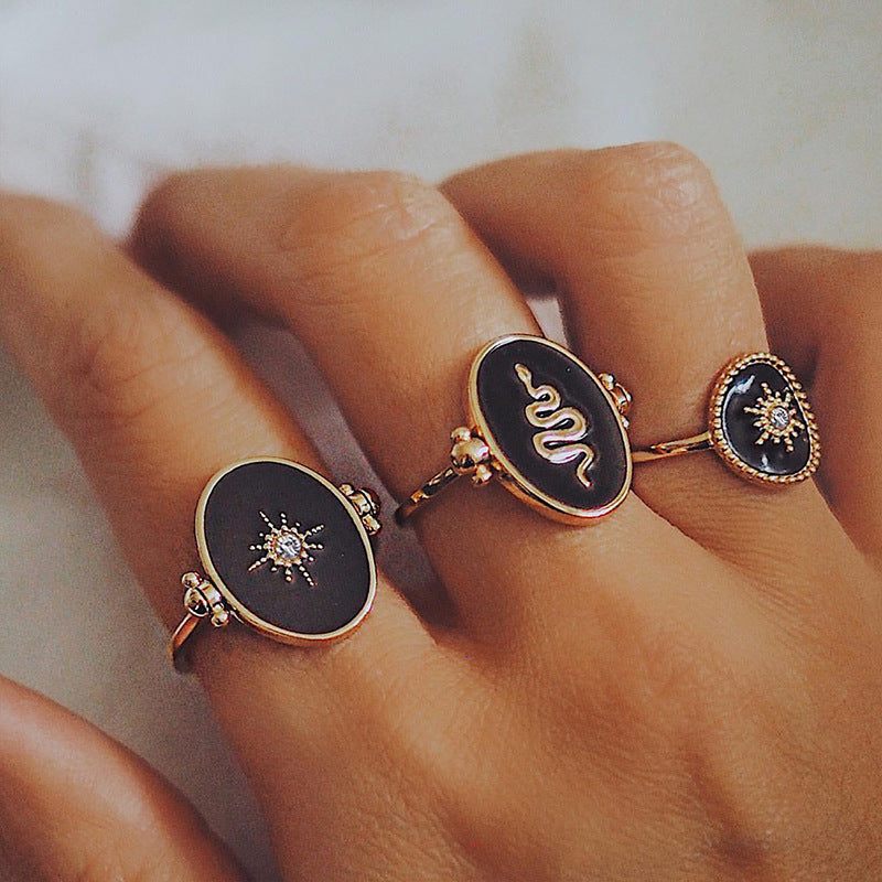 French retro minimalist jewelry round disc diamond starburst sun layered ring set snake electroplated women's rings