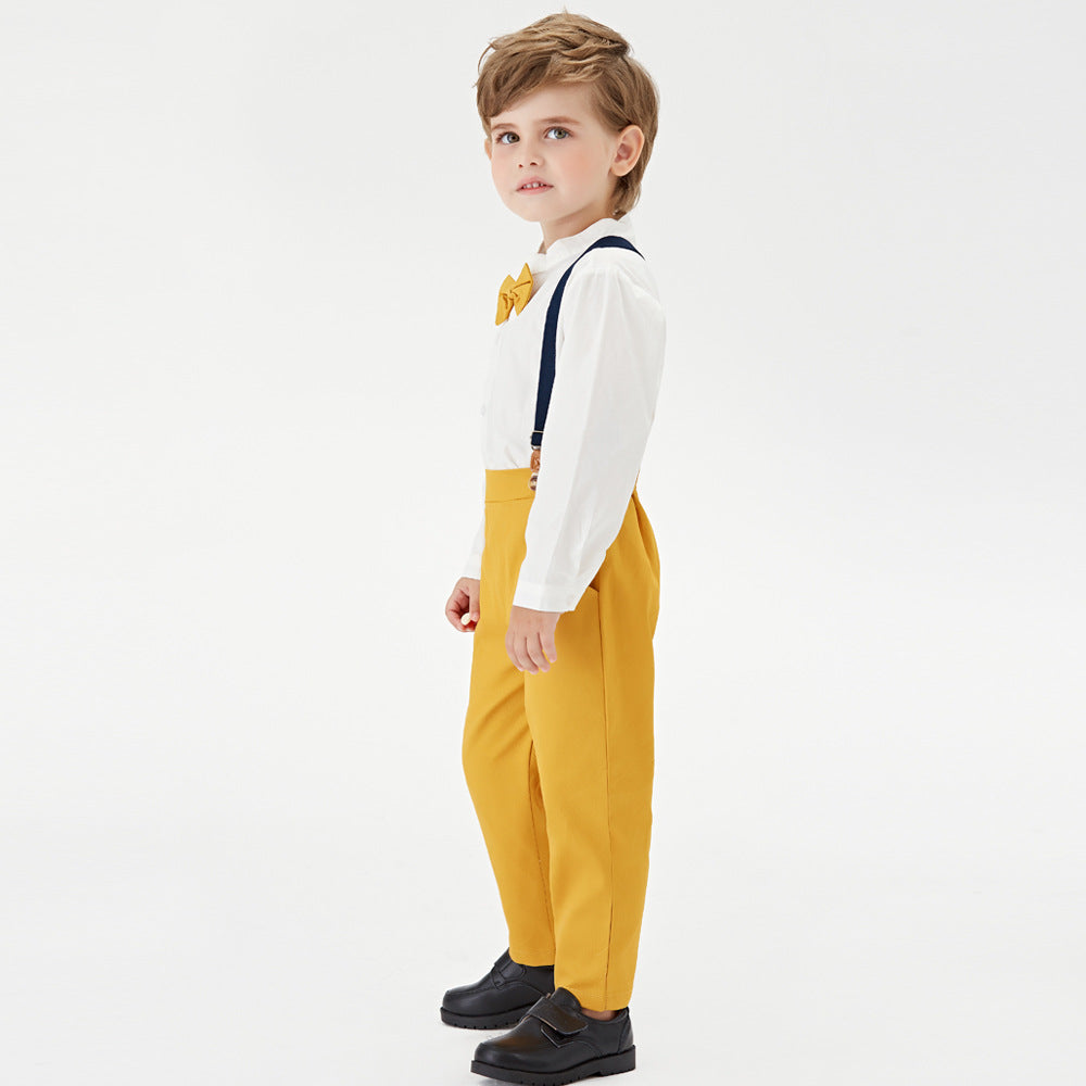 Autumn new korean style boys' outfit: long-sleeved stand collar white shirt and suspender pants, gentleman's two-piece set for kids