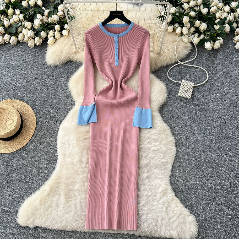 Frenchretrofashionablecontrast color round neck slit long sleevesknittingdress women's autum waist slimming look bottom long skirt