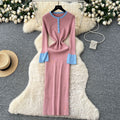 Frenchretrofashionablecontrast color round neck slit long sleevesknittingdress women's autum waist slimming look bottom long skirt
