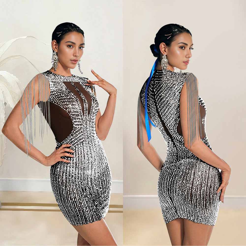 C7020 cross-border   independent station fashion women's tassel rhinestone sleeveless dress new