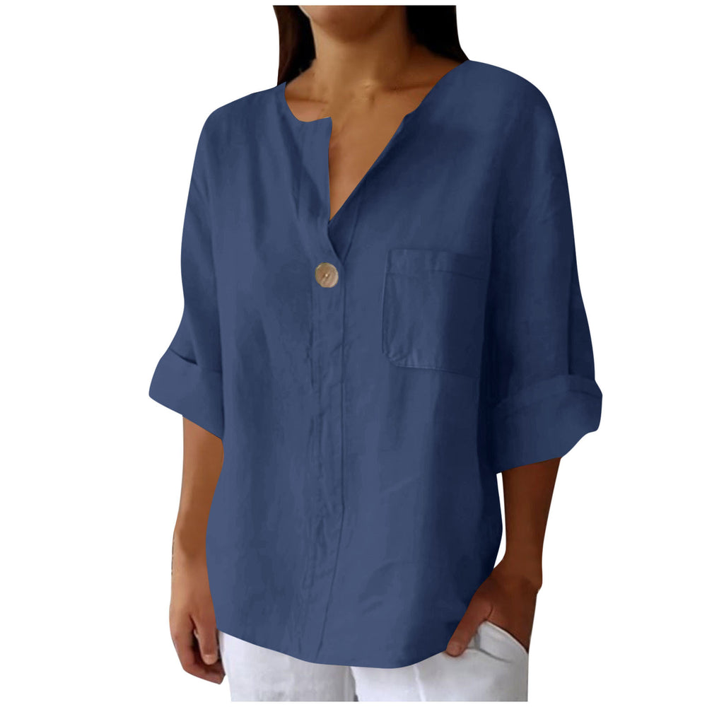 cross-border fashion summer new loose t-shirt women's v neck cotton and linen button tops