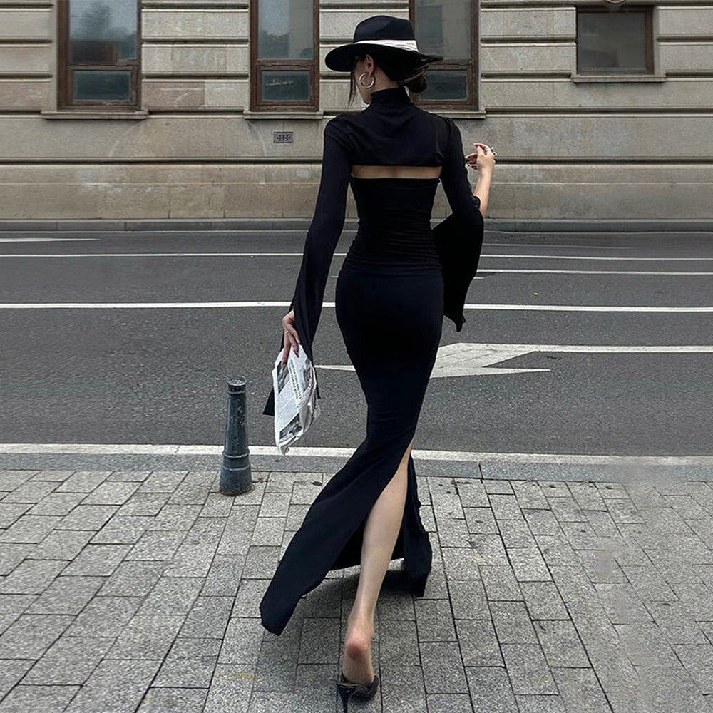 European and american niche design high-end black slim-fit mermaid dress with high neck, cutouts, slit, and slimming long dress