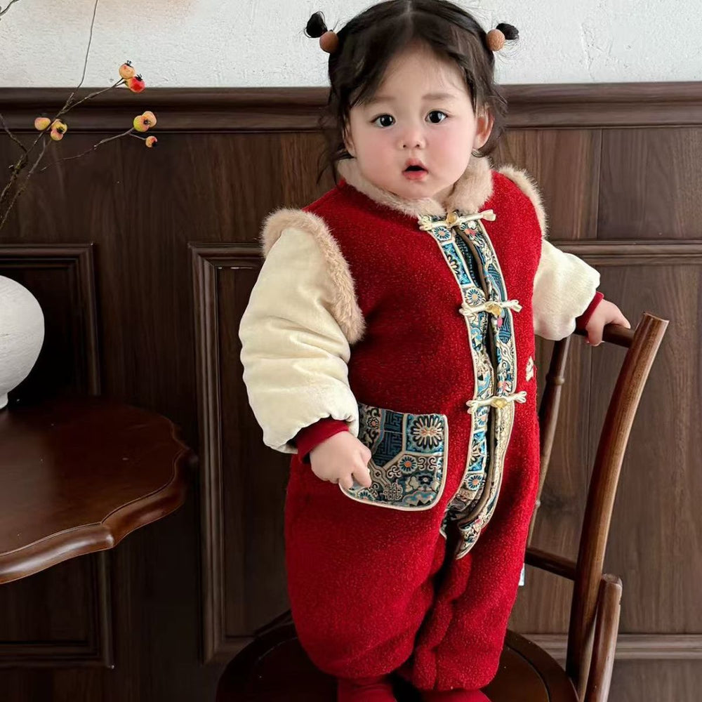 Winter toddler baby festive new year outfit - thickened onesie, warm fleece romper for chinese new year celebrations