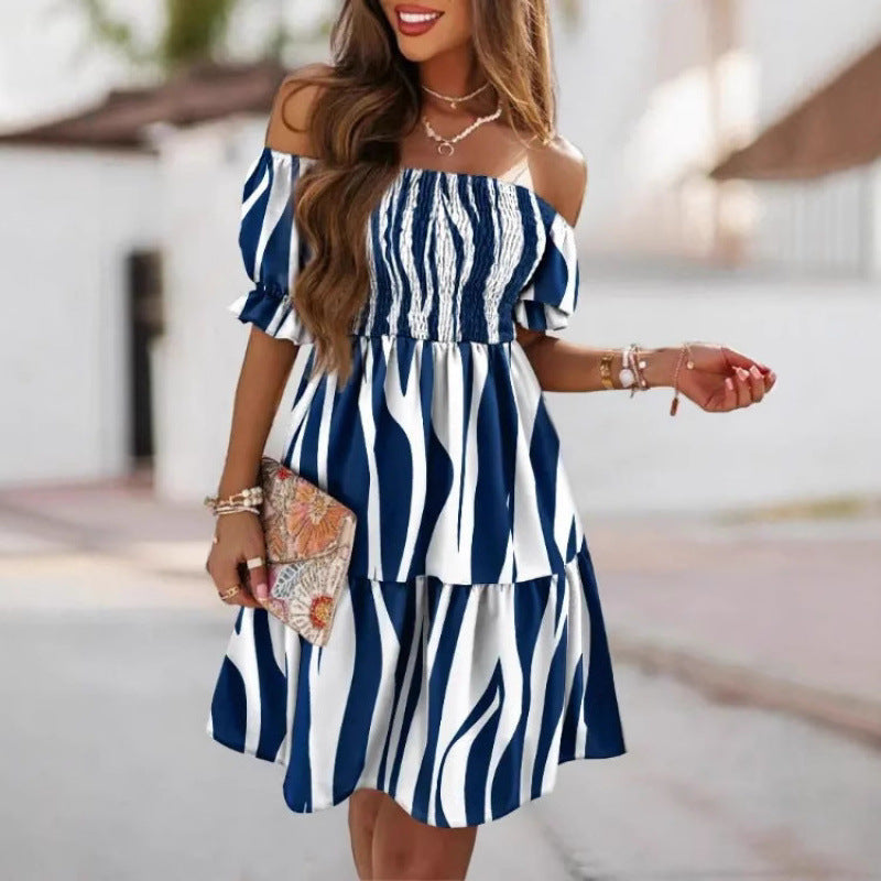 european and american independent station  new arrival short sleeve one-line collar waist pleated printingdress