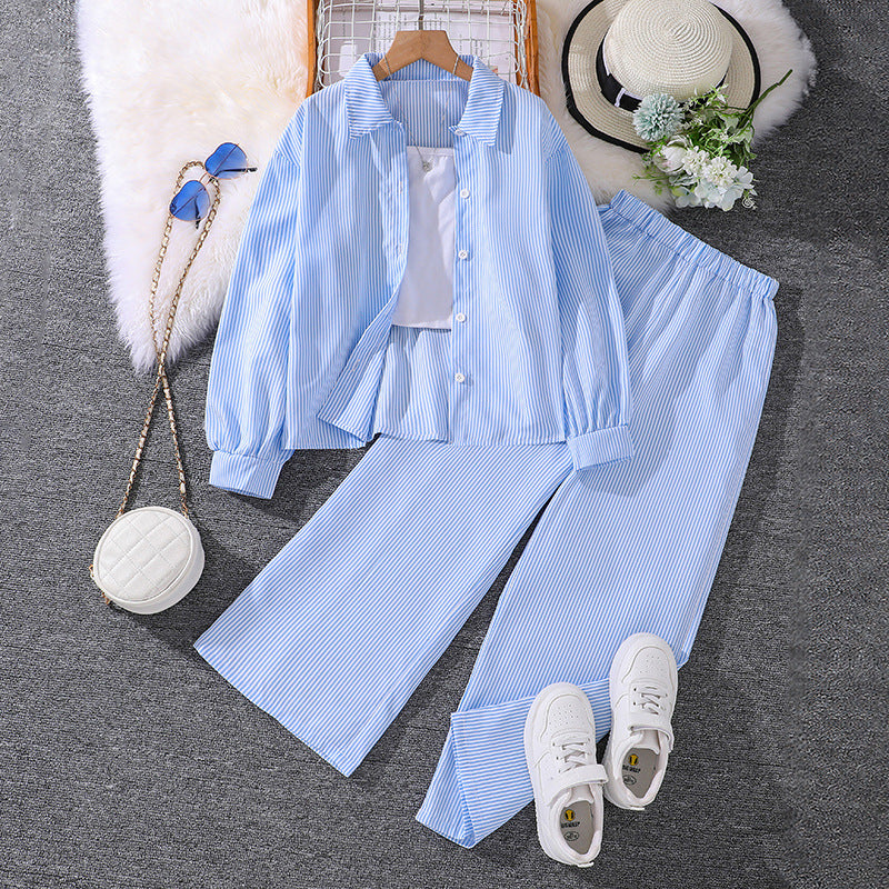 Hot-selling export children's clothing set for boys and girls, spring  european and american new style,  casual striped long-sleeved shirt and pants